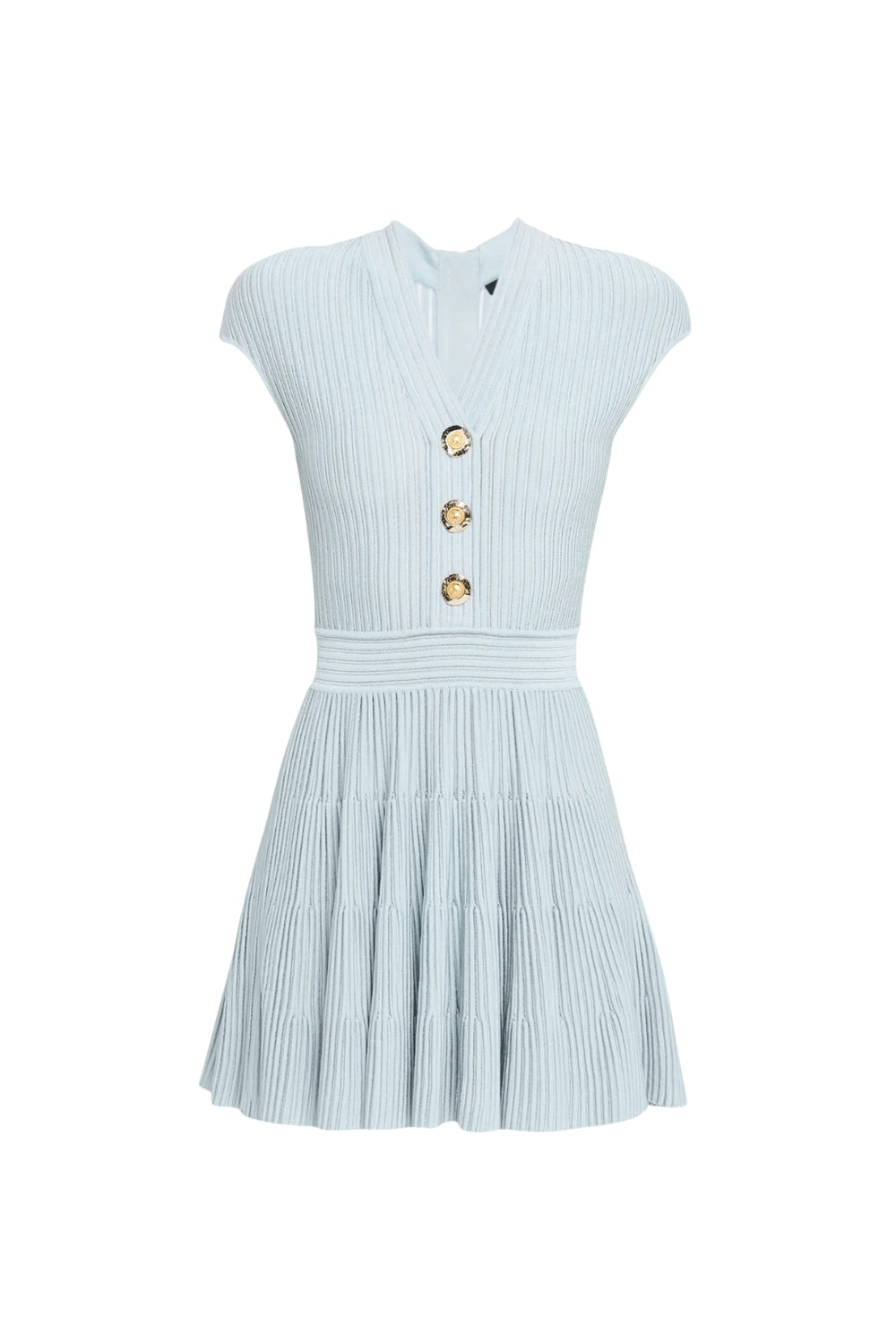 Short-Sleeve Flechage Knit Flare Mini Dress in Blue Avalabel
