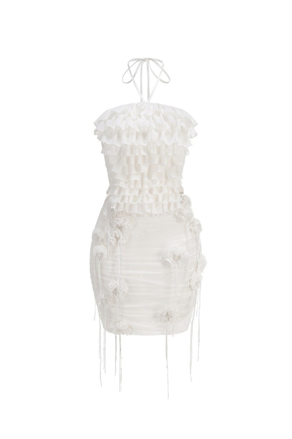 Helen Halter Ruched Mesh Floral Mini Dress in White Avalabel