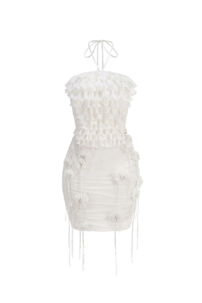 Helen Halter Ruched Mesh Floral Mini Dress in White
