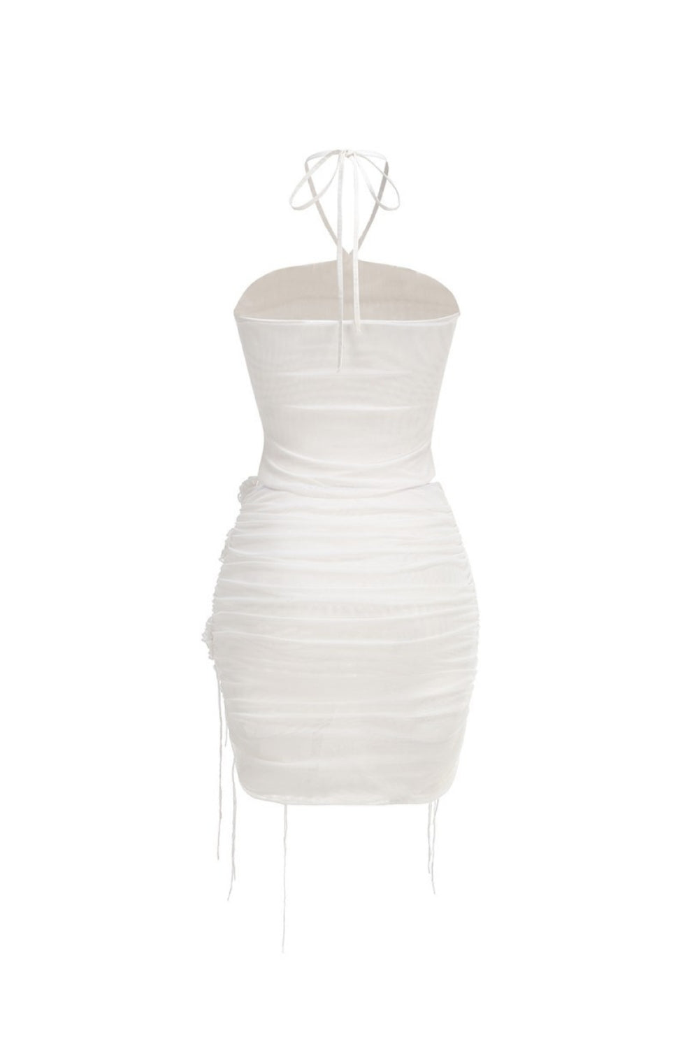 Helen Halter Ruched Mesh Floral Mini Dress in White Avalabel
