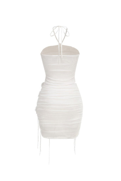 Helen Halter Ruched Mesh Floral Mini Dress in White