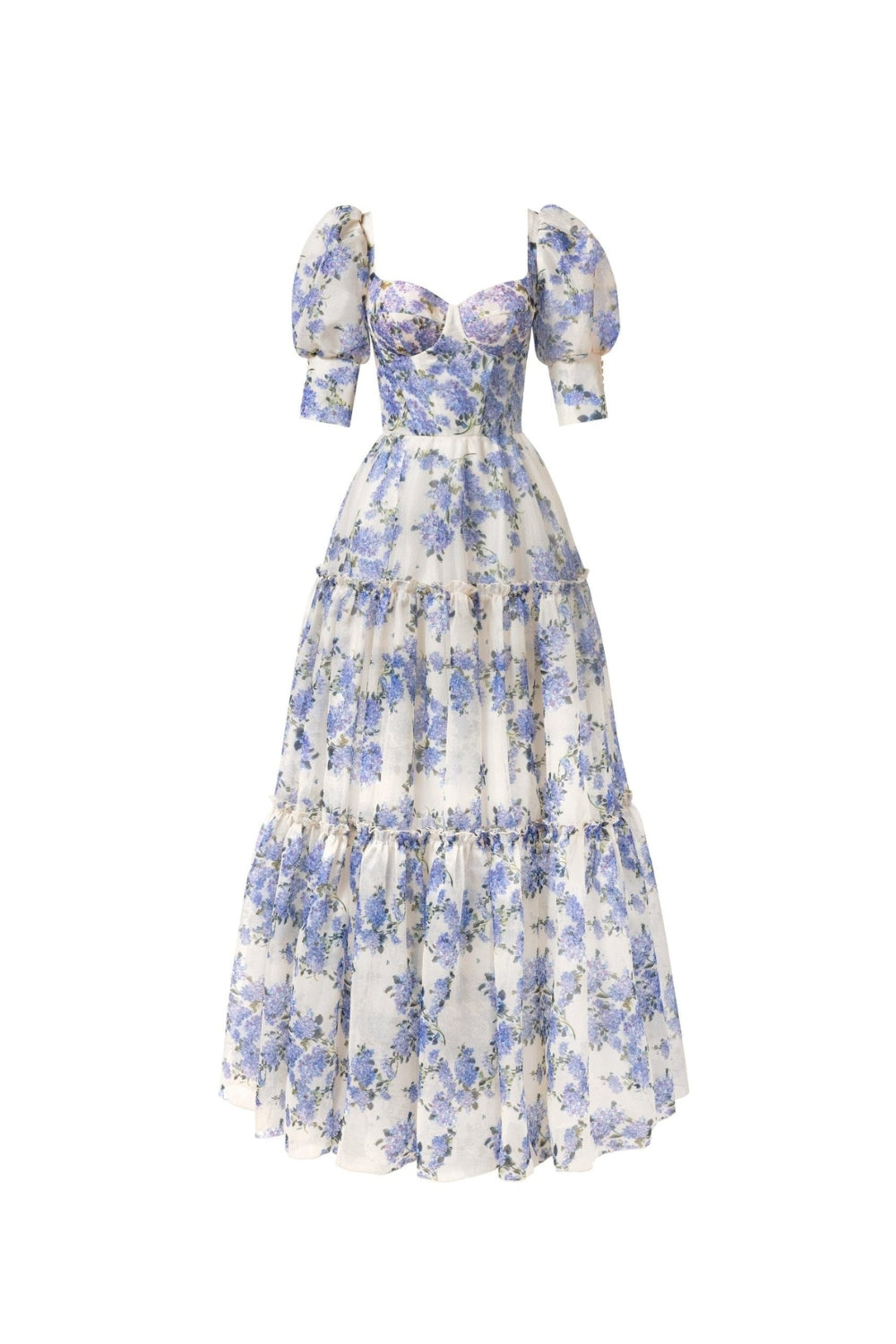Hydrangea Print Voluminous Sleeves Maxi Dress in Blue Avalabel