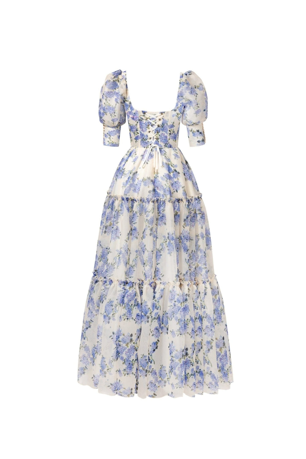 Hydrangea Print Voluminous Sleeves Maxi Dress in Blue Avalabel