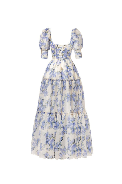 Hydrangea Print Voluminous Sleeves Maxi Dress in Blue