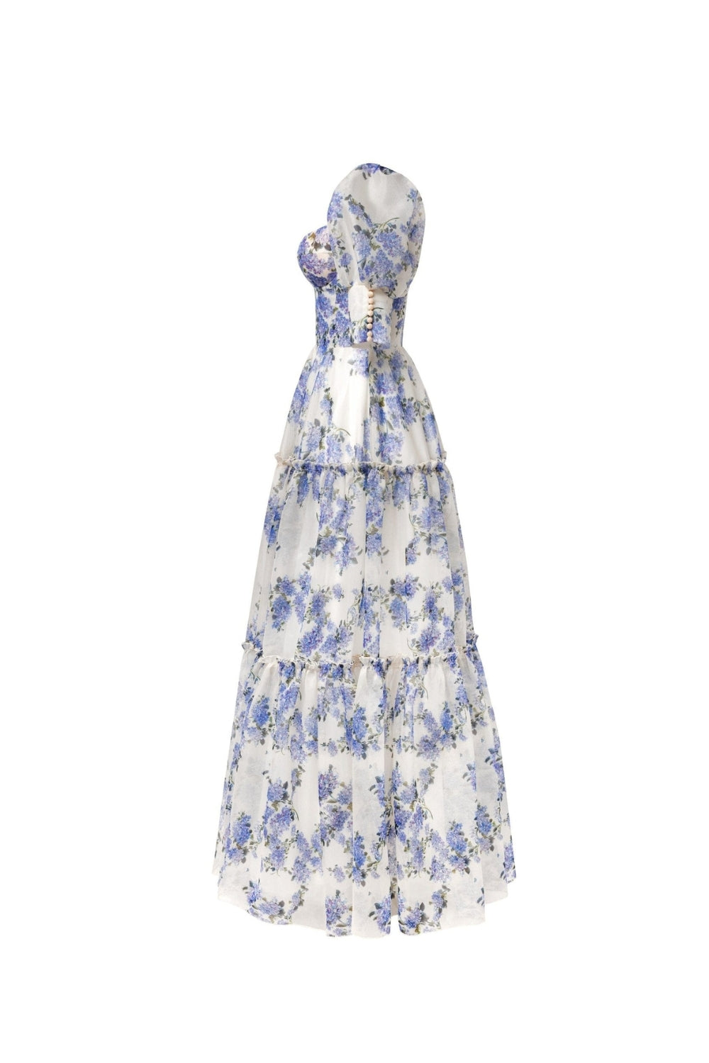Hydrangea Print Voluminous Sleeves Maxi Dress in Blue Avalabel