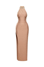 Irene Halter Pearl Embellished Maxi Dress in Nude Avalabel