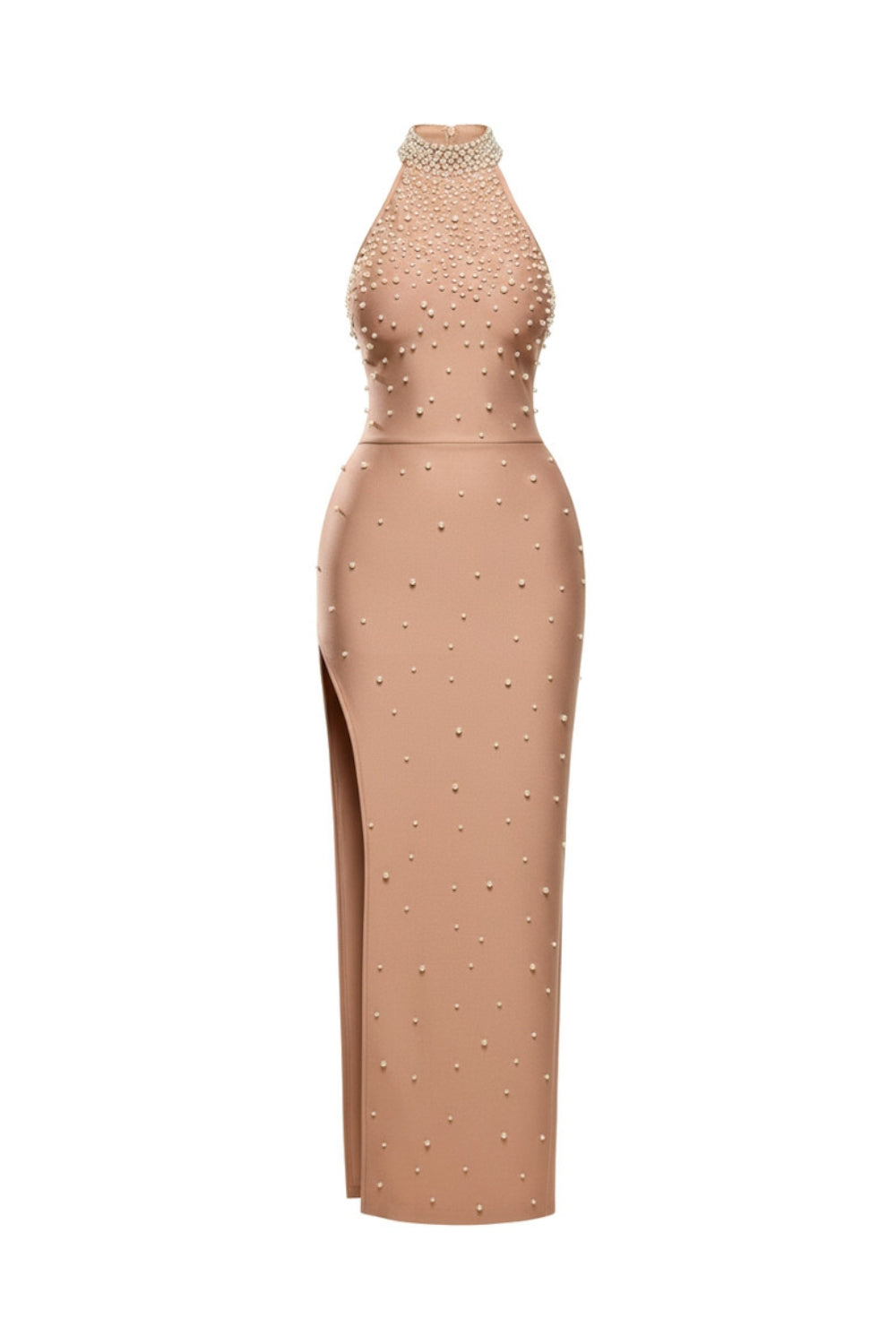 Irene Halter Pearl Embellished Maxi Dress in Nude Avalabel
