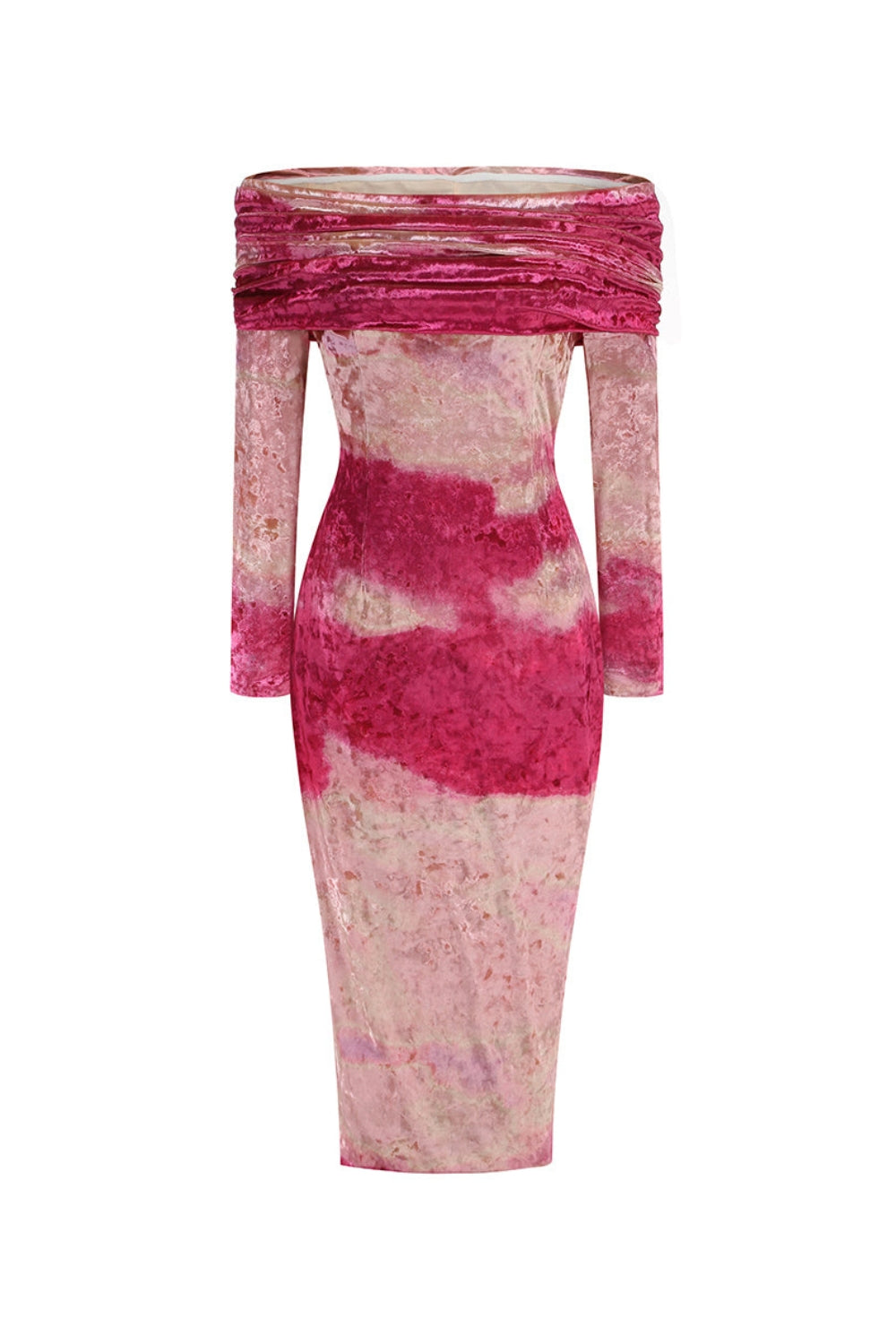 Donna Pink Off-Shoulder Print Velvet Long Sleeve Midi Dress Avalabel