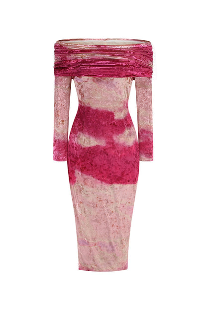 Donna Pink Off-Shoulder Print Velvet Long Sleeve Midi Dress