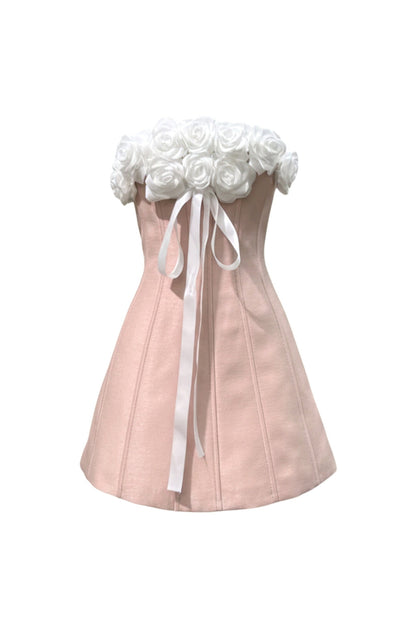 Gladys Strapless 3D Floral Corset A-Line Dress in Pink