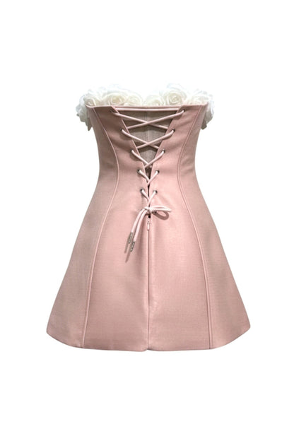 Gladys Strapless 3D Floral Corset A-Line Dress in Pink