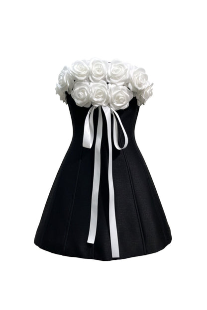 Gladys Strapless 3D Floral Corset A-Line Dress in Black