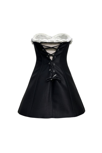 Gladys Strapless 3D Floral Corset A-Line Dress in Black