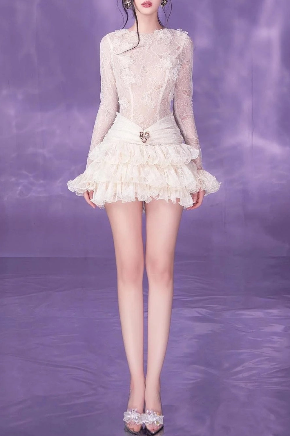 Eudora Lace Embroidery Ruched Trim Mini Dress in White Avalabel