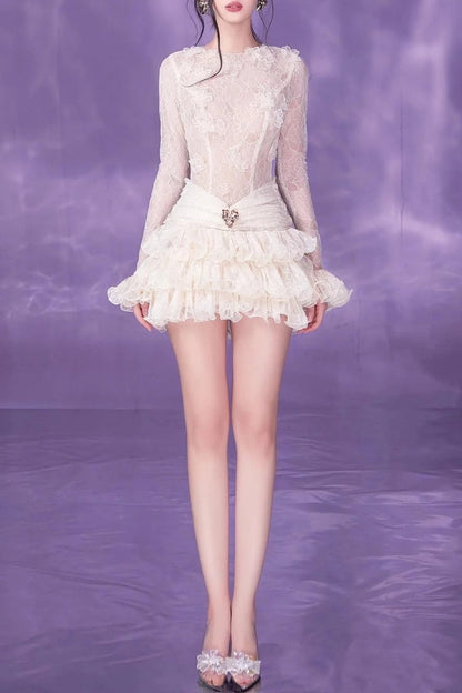 Eudora Lace Embroidery Ruched Trim Mini Dress in White