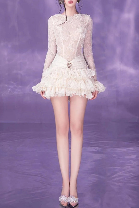 Eudora Lace Embroidery Ruched Trim Mini Dress in White