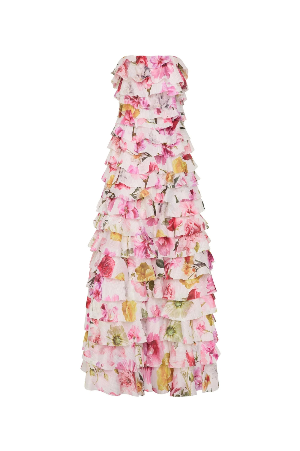 Cathy Floral Print Pleated Layer Strapless Maxi Dress in Pink Avalabel