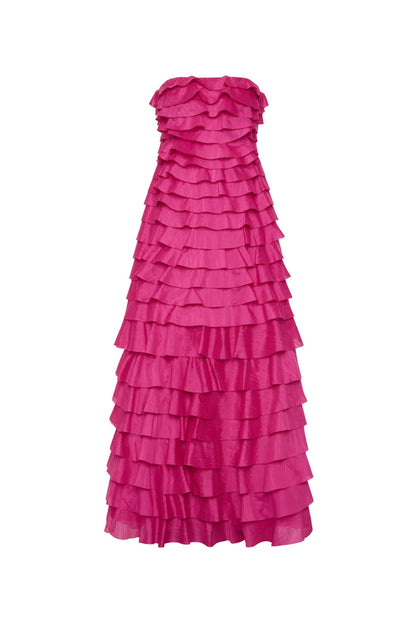 Cathy Pleated Layer Strapless Maxi Dress in Rose Red