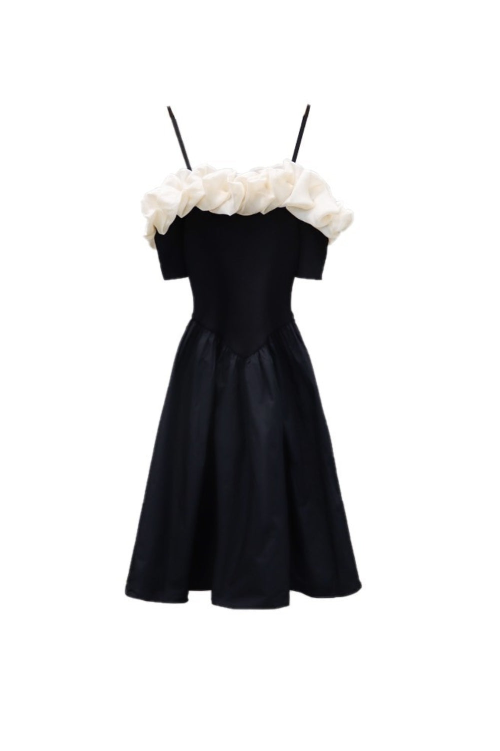 Off-Shoulder Ruffle Trim Suspender Mini Dress in Black Avalabel