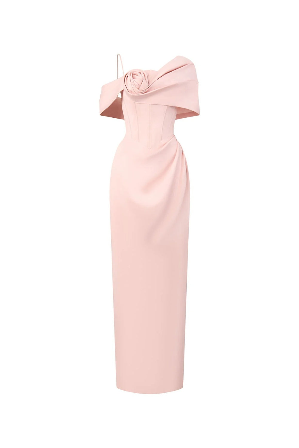Leona Sheath Asymmetric Shoulder Taffeta Ankle Maxi Dress in Pink Avalabel