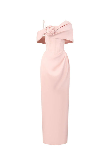 Leona Sheath Asymmetric Shoulder Taffeta Ankle Maxi Dress in Pink