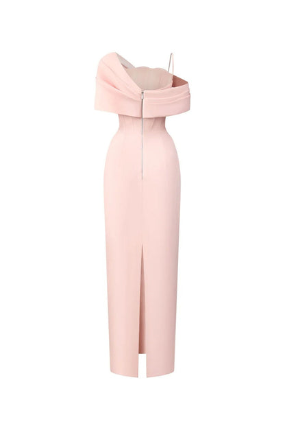Leona Sheath Asymmetric Shoulder Taffeta Ankle Maxi Dress in Pink