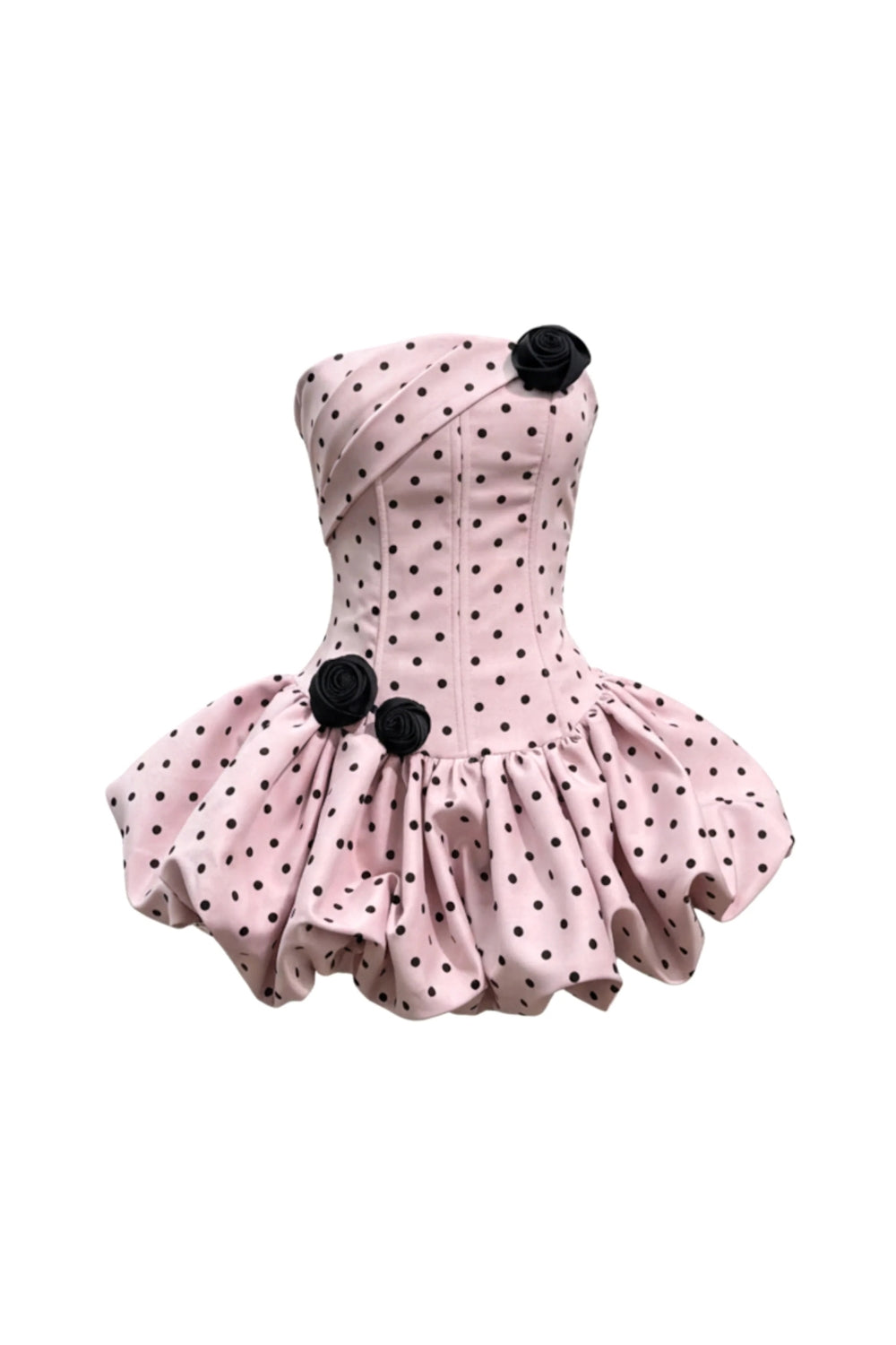 Polka Dot Strapless flower Corset Puff Mini Dress In Pink Avalabel