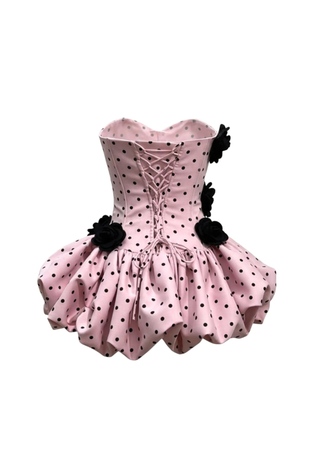 Polka Dot Strapless flower Corset Puff Mini Dress In Pink Avalabel