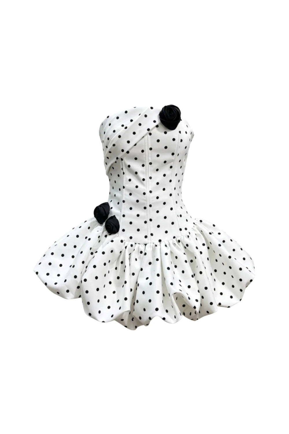 Polka Dot Strapless flower Corset Puff Mini Dress In white Avalabel