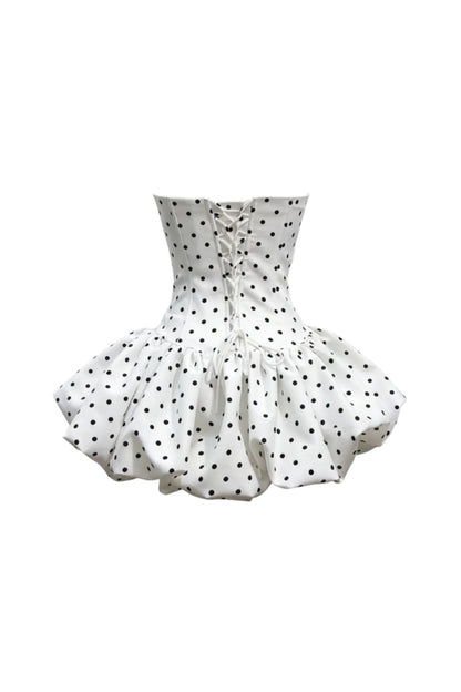Polka Dot Strapless flower Corset Puff Mini Dress In white Avalabel
