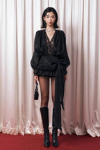 cornelia V Neck Lace Bow Mini Dress in black Avalabel