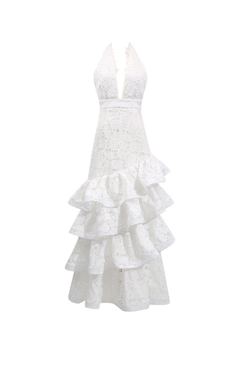 hazel white Deep V-neck halterneck layer ruffle trim maxi dress Avalabel