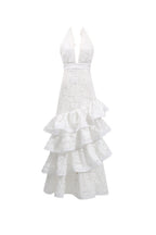 hazel white Deep V-neck halterneck layer ruffle trim maxi dress Avalabel