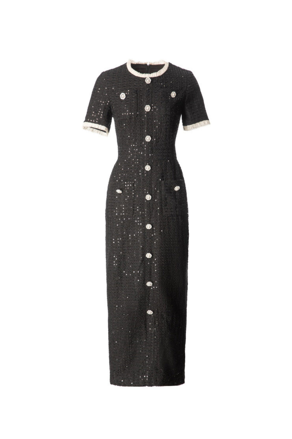Round Neck Short Sleeves sequin Maxi Dress in black Avalabel