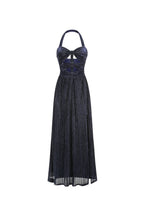 bonnie halter pleated cutout maxi dress in navy blue Avalabel