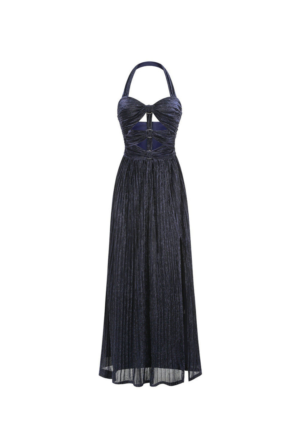 bonnie halter pleated cutout maxi dress in navy blue Avalabel