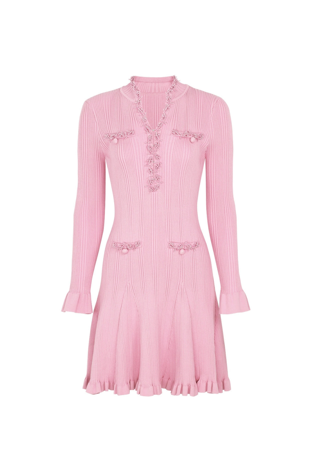 xylia Pink Pearl Trim v-neck Knit Mini Dress Avalabel