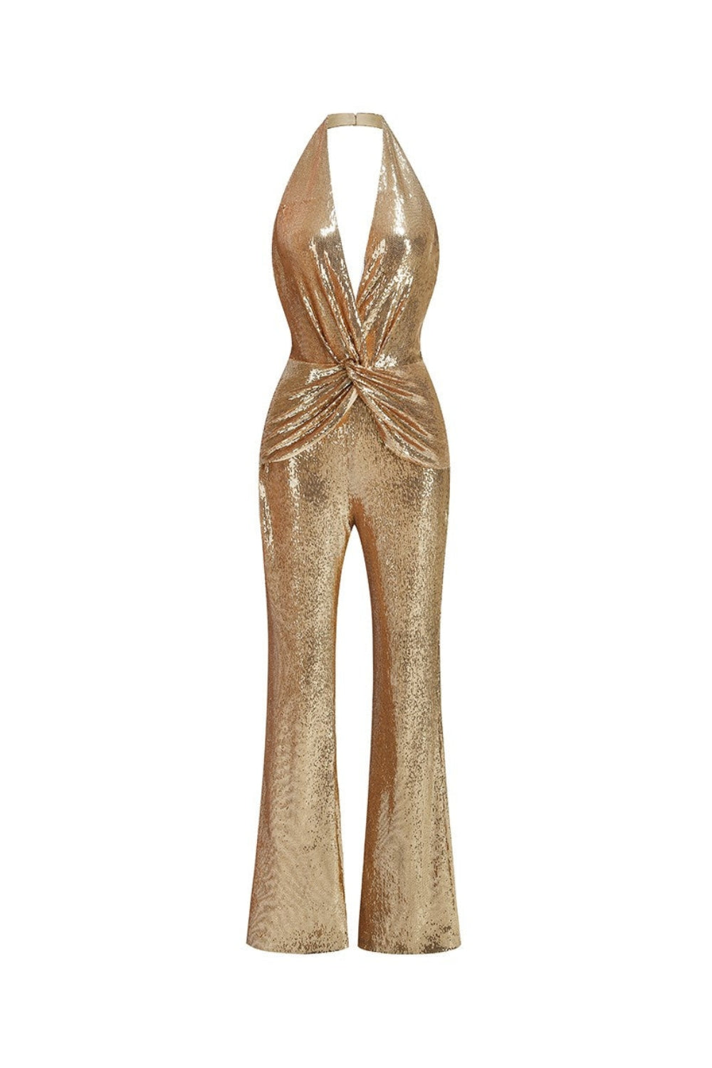 nora gold Sequin halterneck deep V high waist flared jumpsuit Avalabel