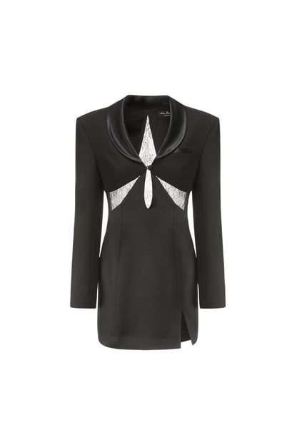 prima Lace see-through blazer mini dress in black