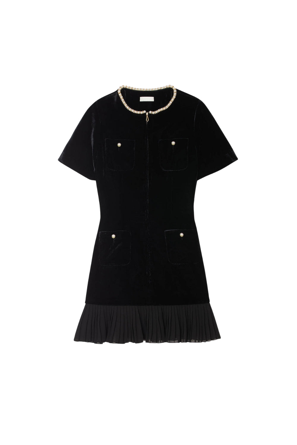 Pearl-trimmed collar zipper velvet pleated dress in black Avalabel