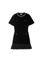 Pearl-trimmed collar zipper velvet pleated dress in black Avalabel