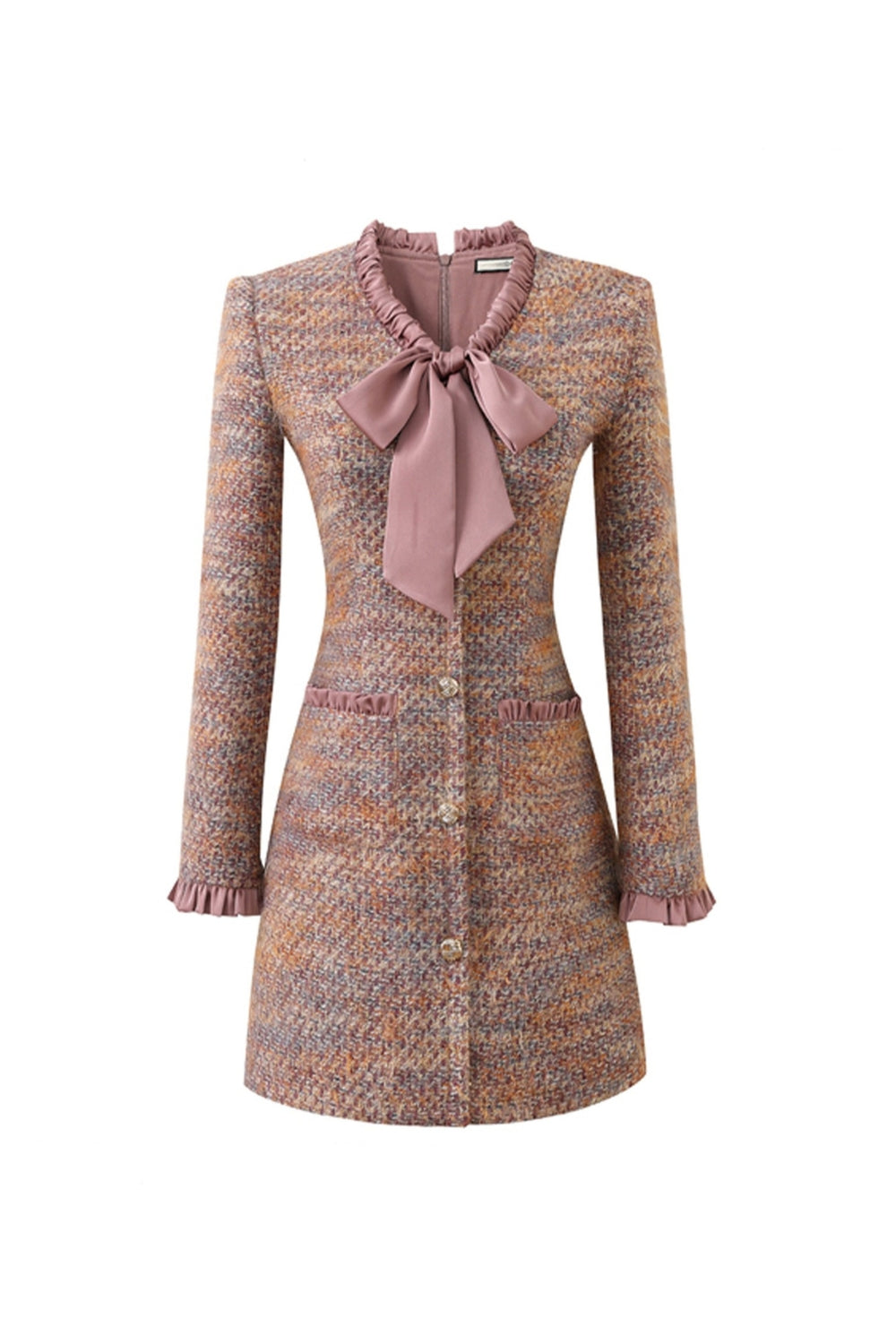 xylia bow v-neck long sleeve mini dress in multicolor Avalabel