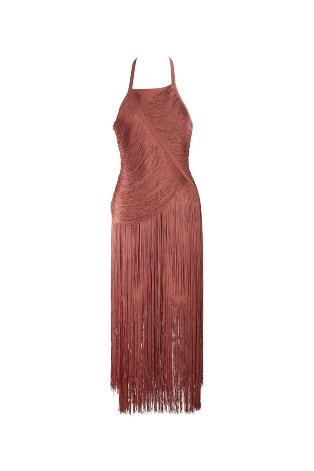 nicola pleated halter fringe maxi dress in brown Avalabel