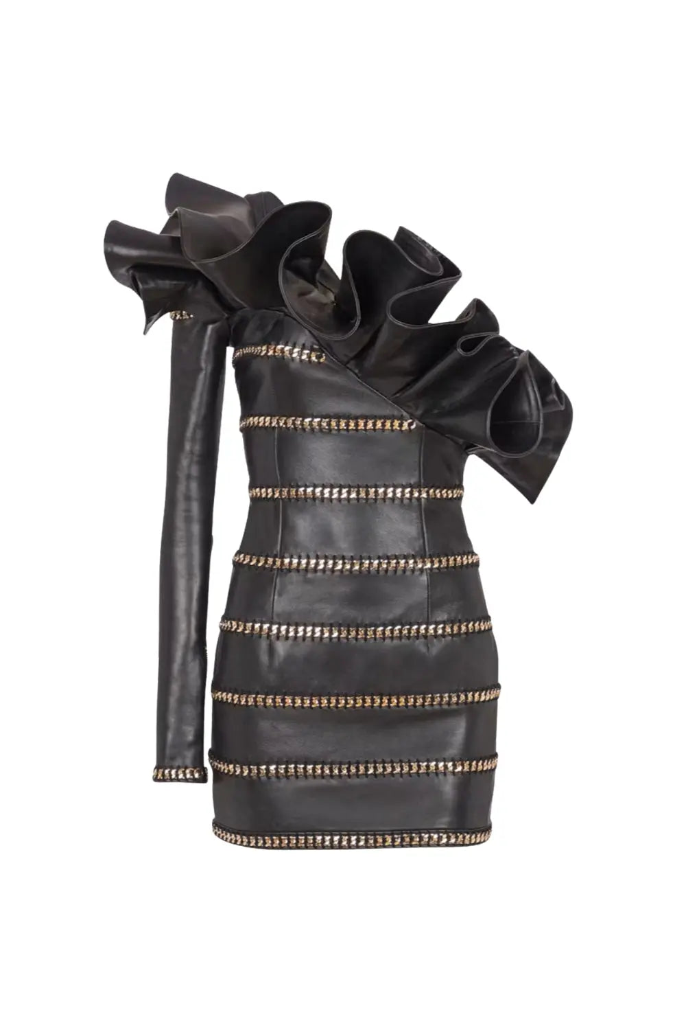 Rantan One Shoulder Asymmetric Leather Ruffle Mini Dress Avalabel