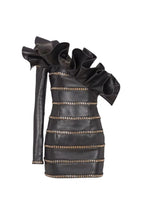 Rantan One Shoulder Asymmetric Leather Ruffle Mini Dress Avalabel