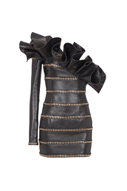 Rantan One Shoulder Asymmetric Leather Ruffle Mini Dress