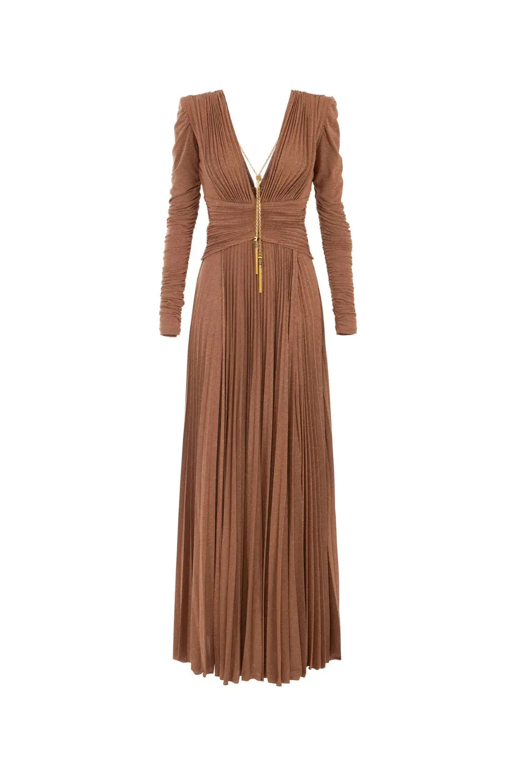meroy Deep V puff sleeve pleated maxi dress in brown Avalabel