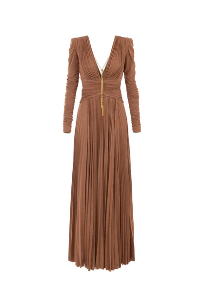 meroy Deep V puff sleeve pleated maxi dress in brown
