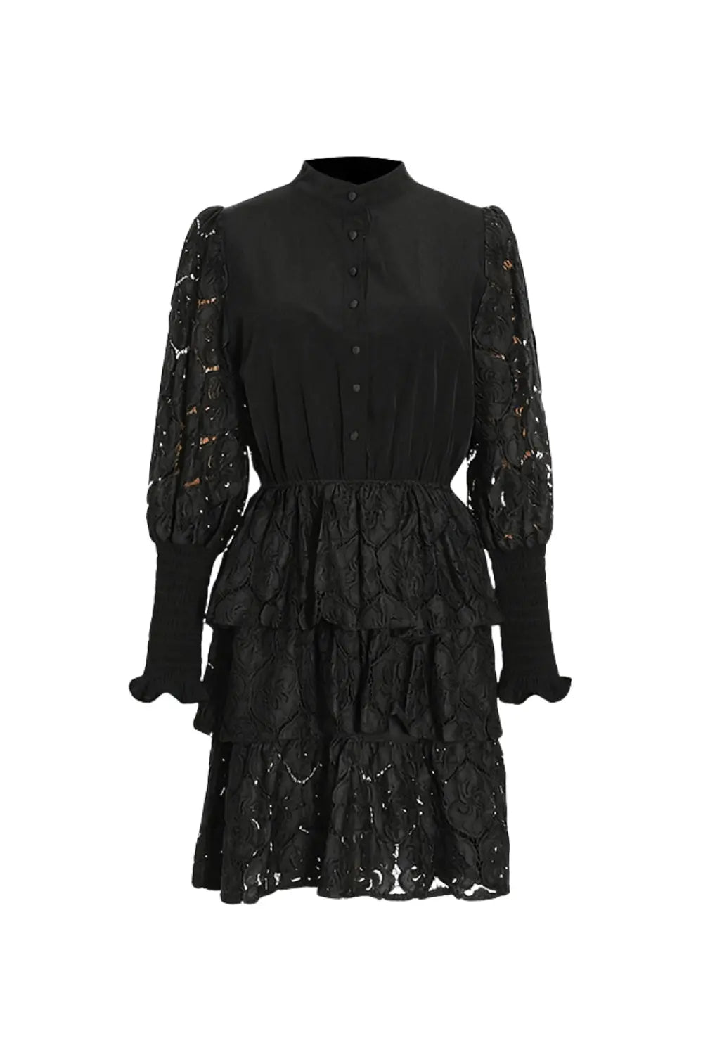 vanessa Long Sleeves Layered Lace Mini Dress in black Avalabel