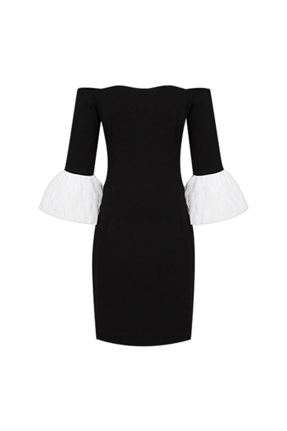 nicole strapless feather sleeve mini dress in black